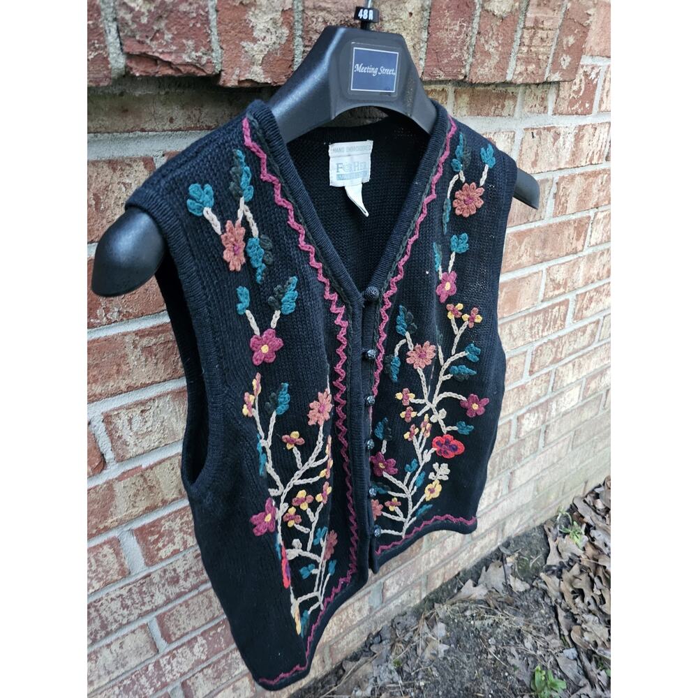 VTG 90s For Her Embroidered Floral Sweater Vest Ramie Cotton L Mushroom Button